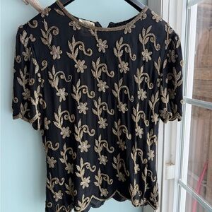 Stenay Black Top with Gold Floral Embroidery